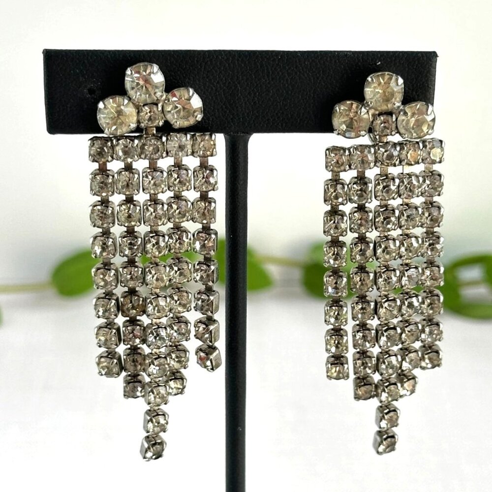 50s Rhinestone Dangle Earrings, Crystal Screw Backs
